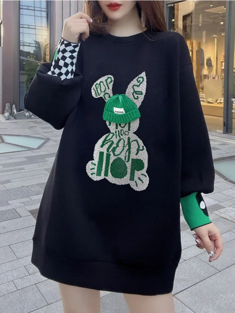 Sweatshirt for Women BlackGraphic Long   Embroidered Pullover