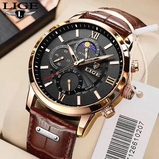 Men's Watches LIGE  WristWatch Leather Quartz Watch Sports Waterproof