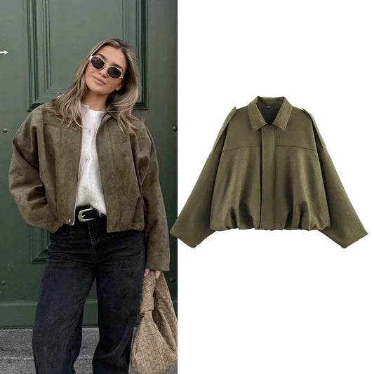 Women's Bomber Jackets  Turn-down Collar Long Sleeve Loose Coats
