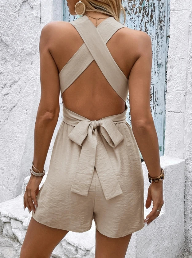 V-Neck Sleeveless Crossed Backless Lace Up Jumpsuit Women's