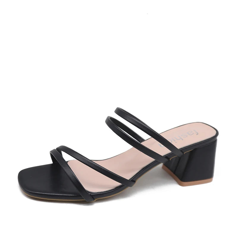 Women Sandals Ladies Square Heels Elegant Summer Slippers