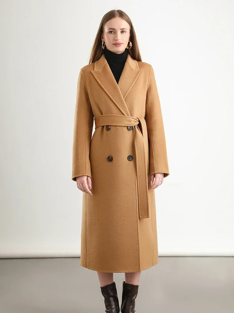 Wool Peak Lapel Overcoat Belt Double-Breasted Long Jacket Trench Coat