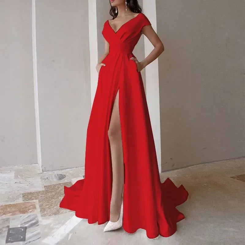 Sexy V-neck Ruffle Solid Mid Waist Temperament Maxi Dress