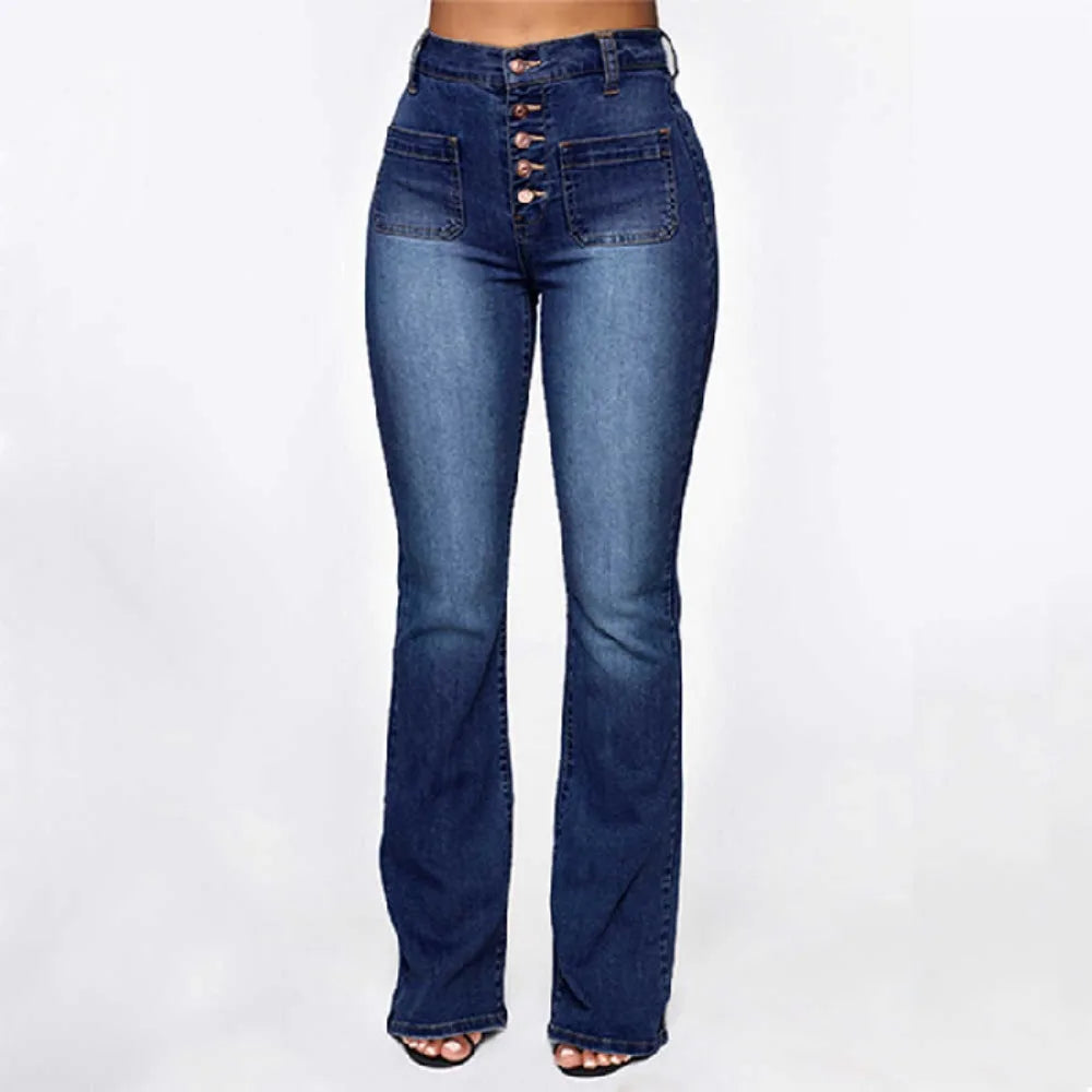 Women‘s Washed Denim Jeans - Button Fly Pants with Classic Patch Pockets