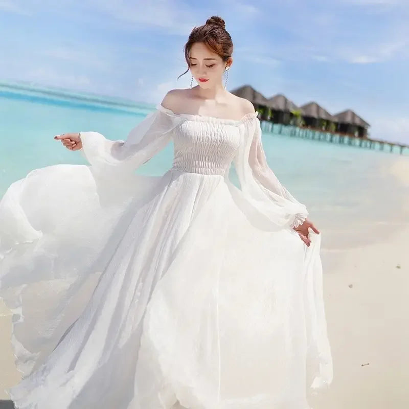 New Chiffon off-Shoulder Dress White Dress
