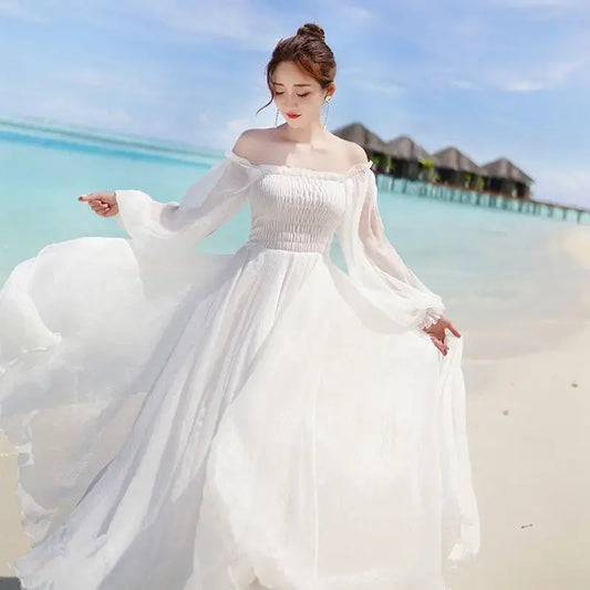 New Chiffon off-Shoulder Dress White Dress
