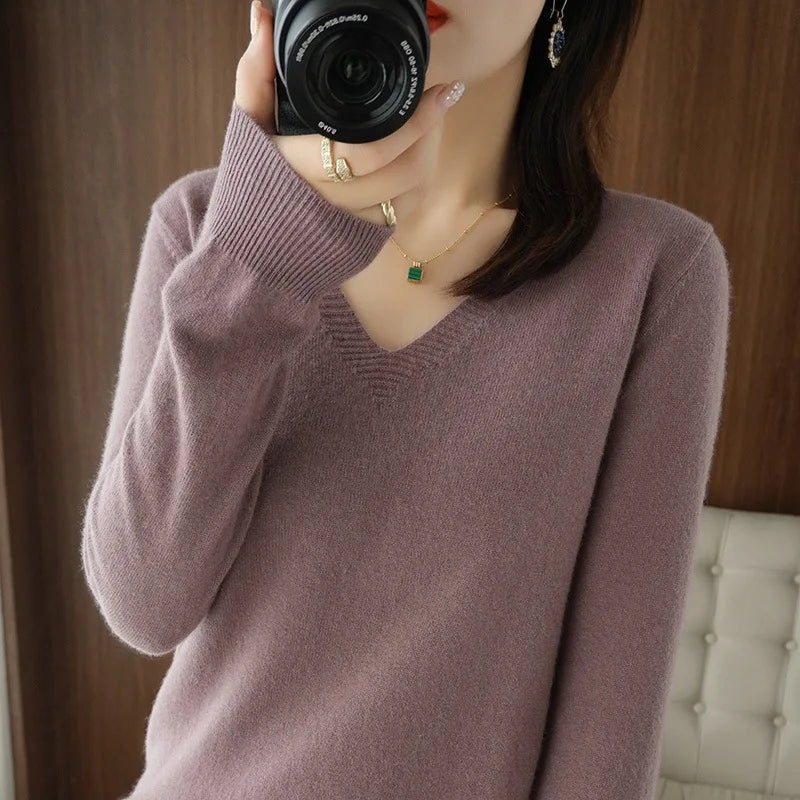 Women's Sweater  Knitted Pullovers V-neck Slim Fit Bottoming Shirt