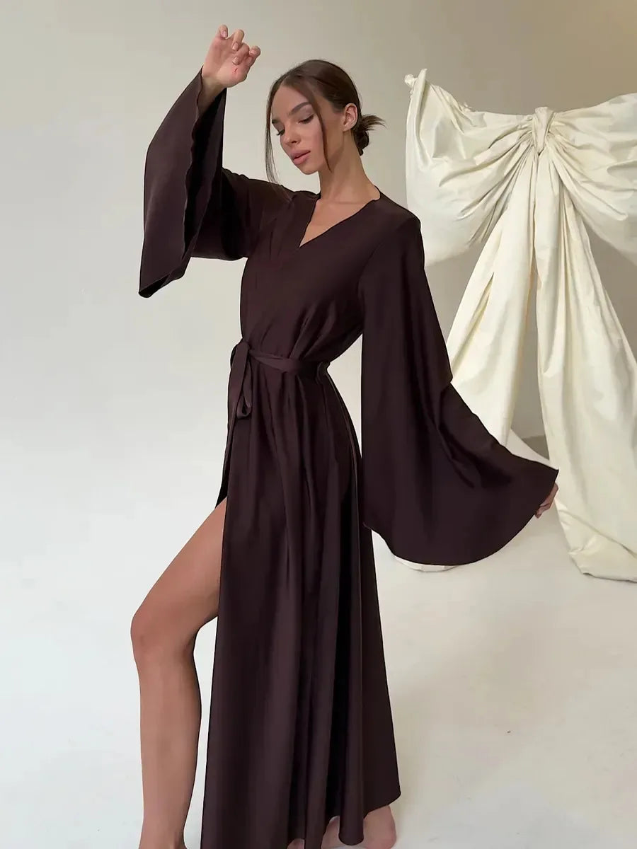 Satin Loose Robe Sexy High Waisted Split Party Dresses