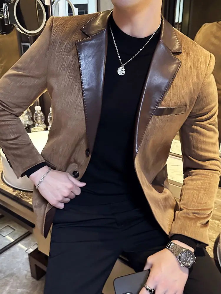 Male Coats  Leather Splicing Blazers Trendy Joker Vintage Casual