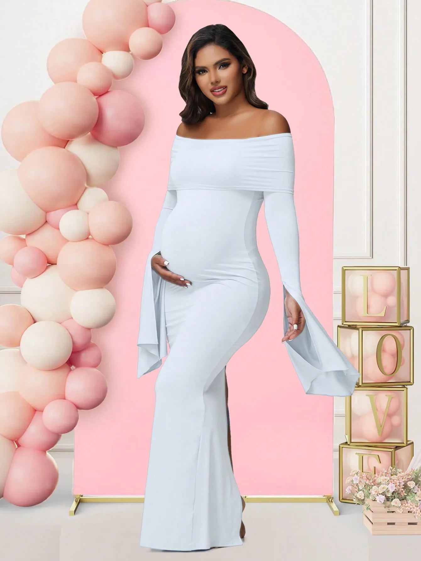 Women Maternity Off Shoulder Long Sleeve Bodycon Pregnancy  Gown