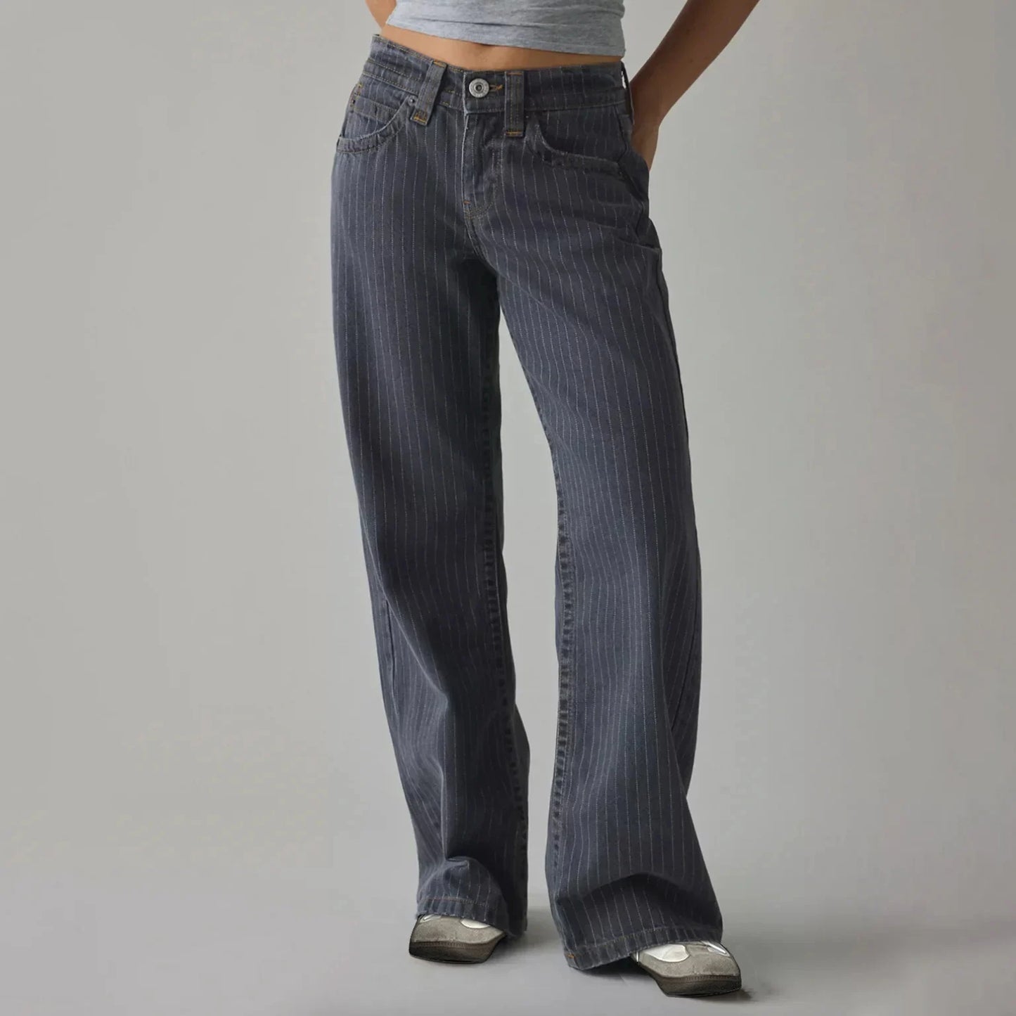 Women Mid Waist Jeans Wide Leg Trousers