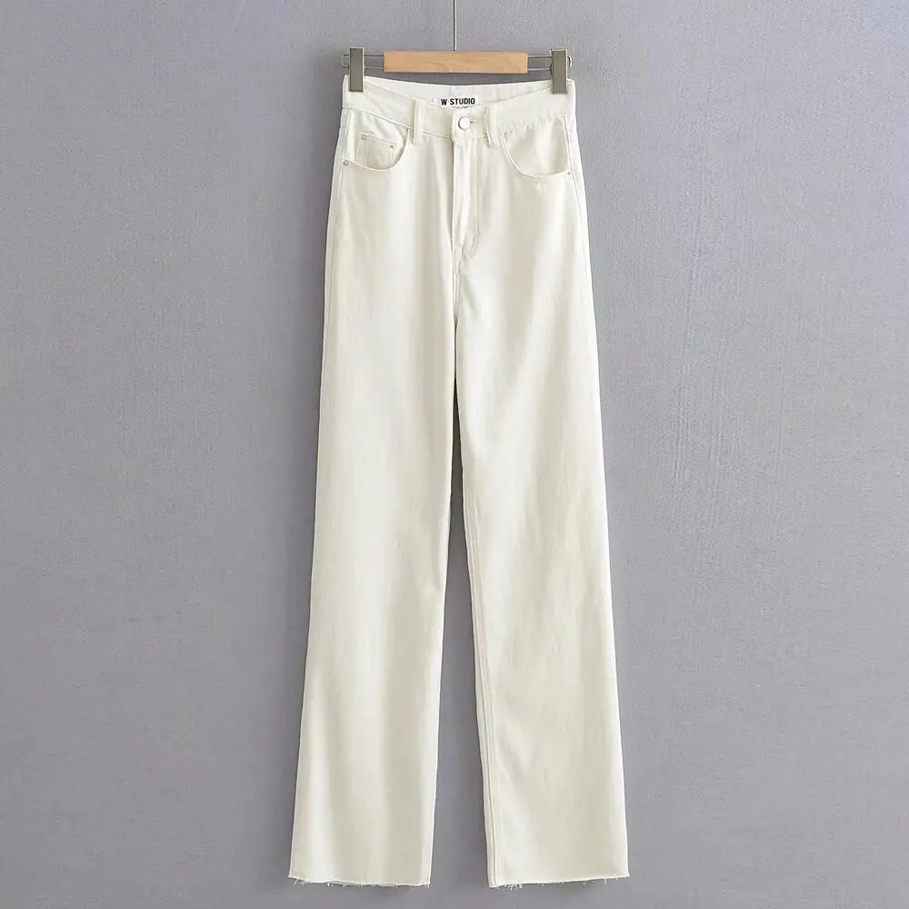 Women's High Waist Jeans Straight Leg Raw Hem Floor-Length Vintage