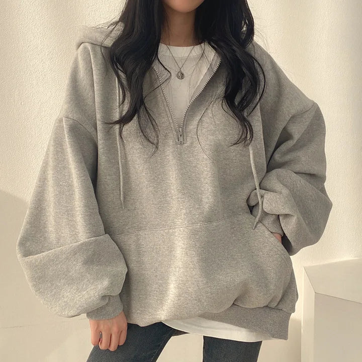 Women Hoodie  Loose Oversized Solid Color Top Half Zip Up Sweatshirt