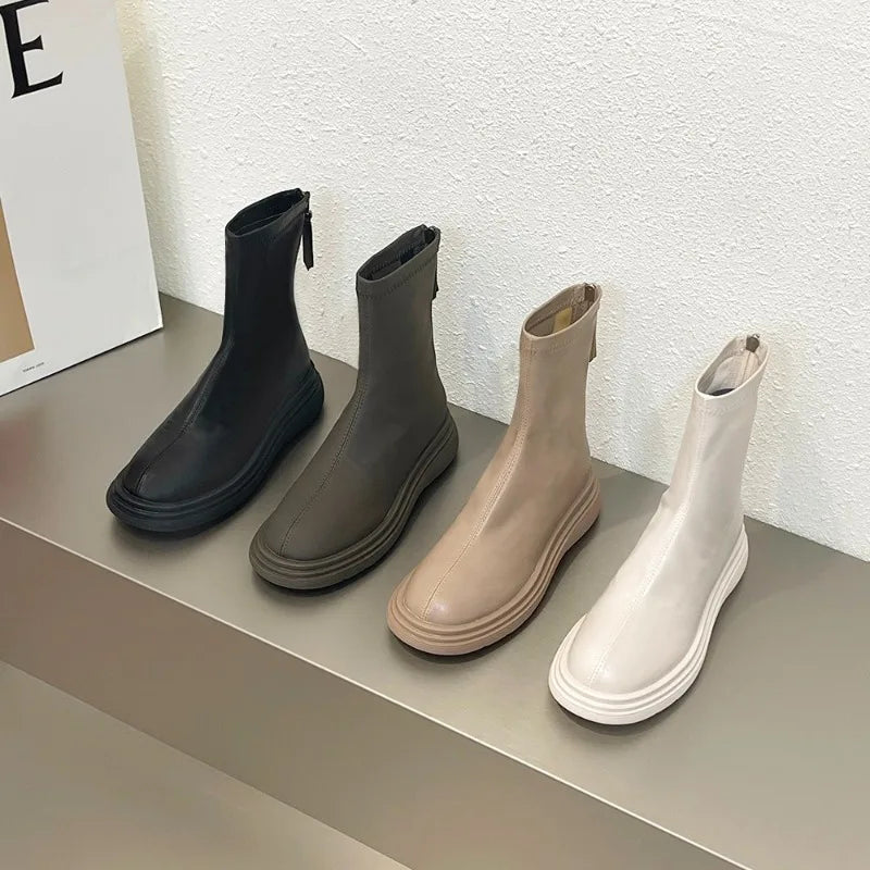 thick-soled boots for women, fashionable and casual leather boots