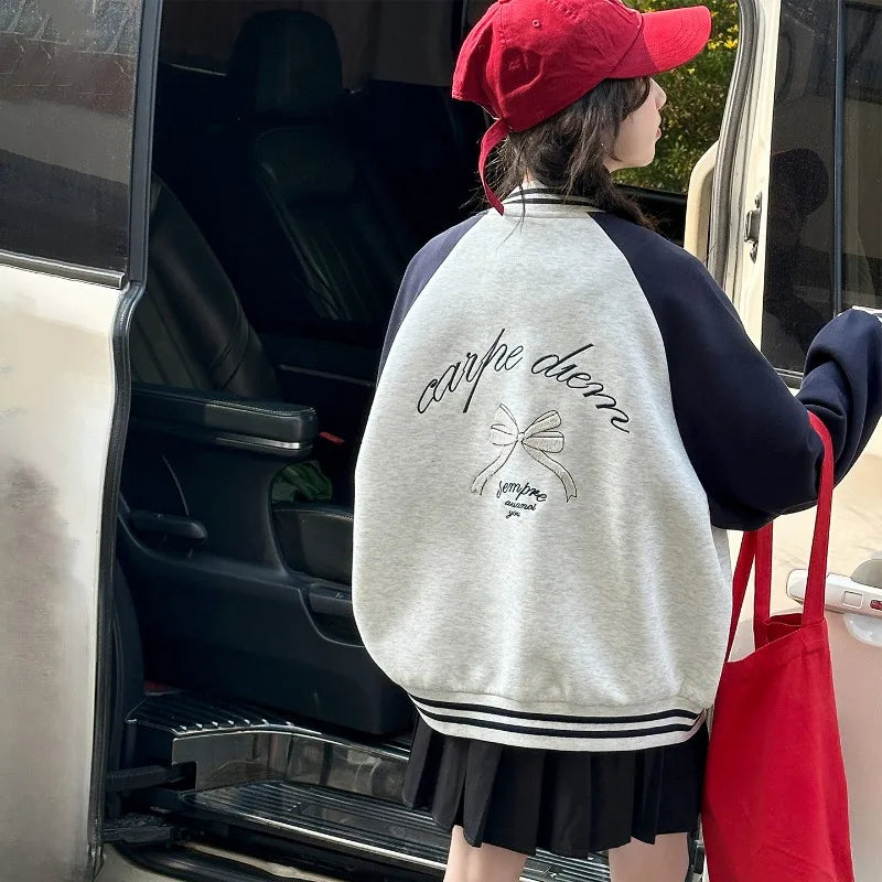 Girls Baseball Jacket  Casual Sports Bow Letter Embroidered Button Down Varsity Coat