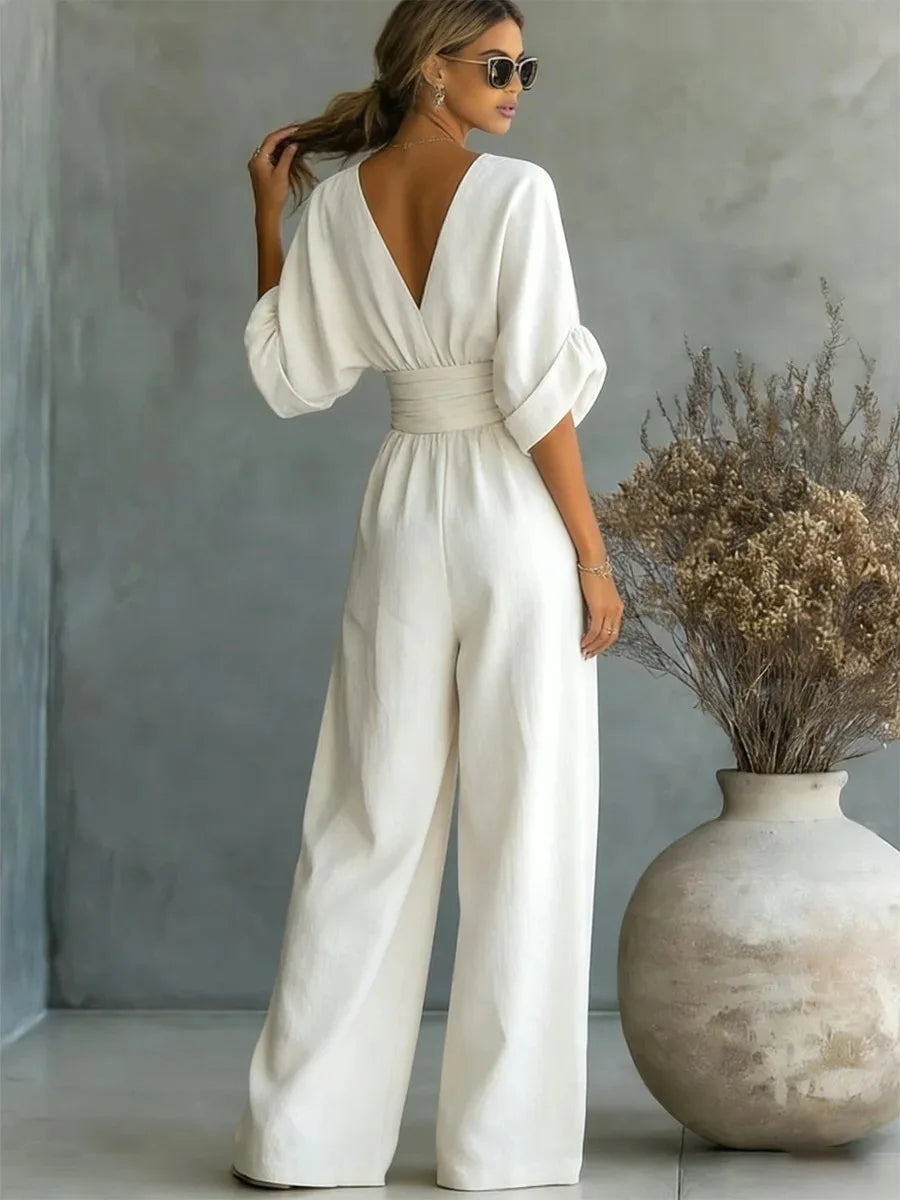 Women's Jumpsuit Fashion High Waist V-neck wide Leg Trousers