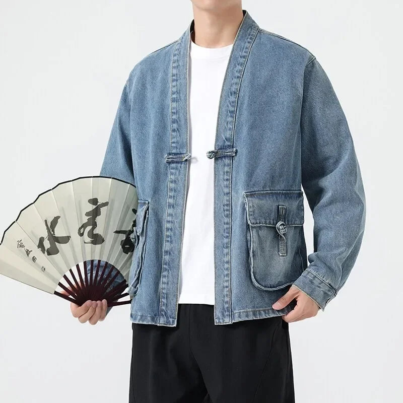 Fashion Men Denim Jacket Cotton Kimono Vintage Traditional Jackets