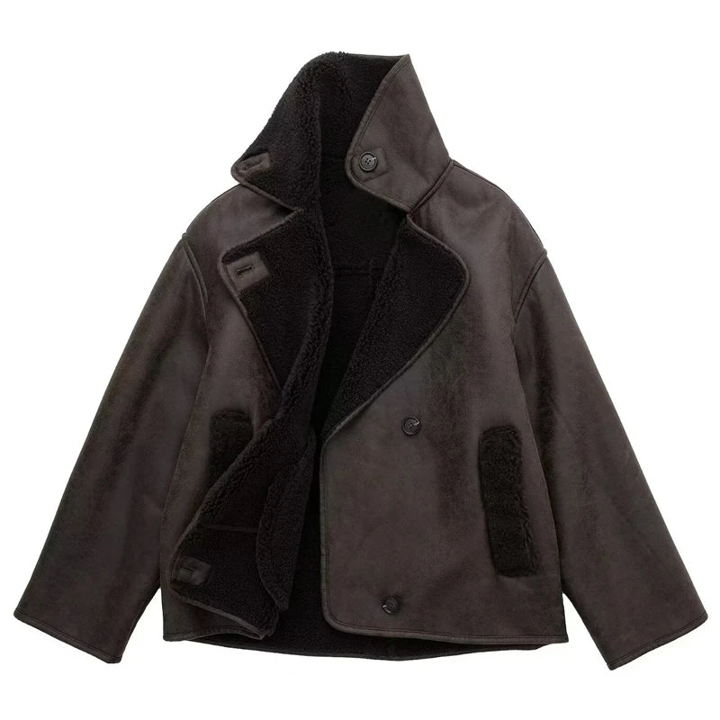 Faux Leather Jackets For Women Long Sleeve Demi-Season Plush Jacket
