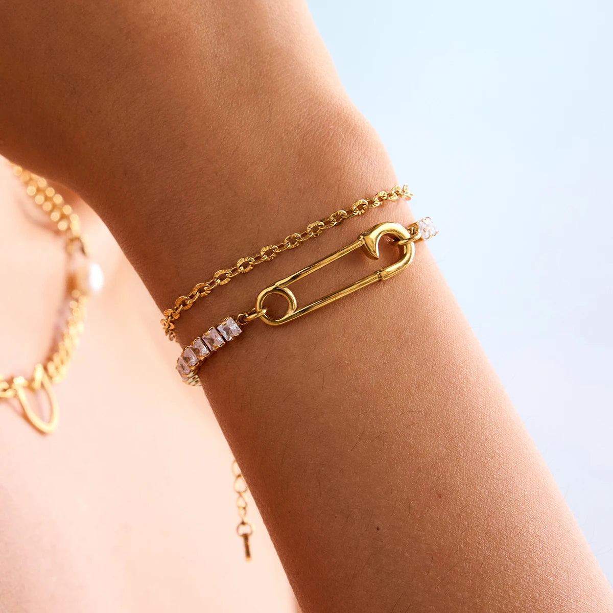 Square White Zircon Bracelet Paper Clip Double layer Bracelet