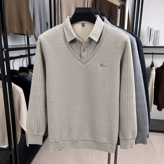 Men's Plush Wool-Lined Knitted Sweater Patchwork Striped Lapels