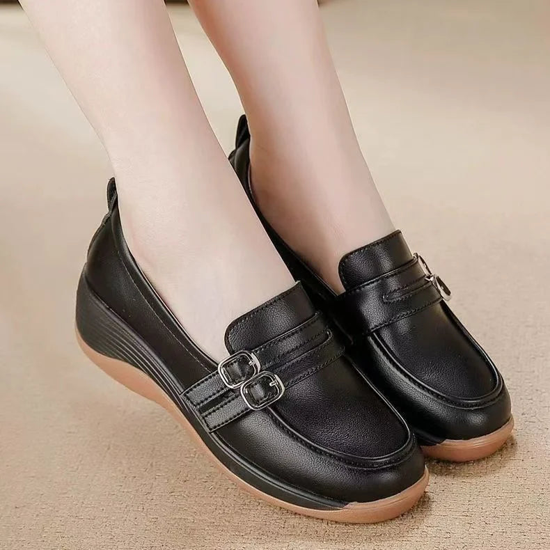 Soft Leather Loafers - Platform Wedge Heel Mom Shoes