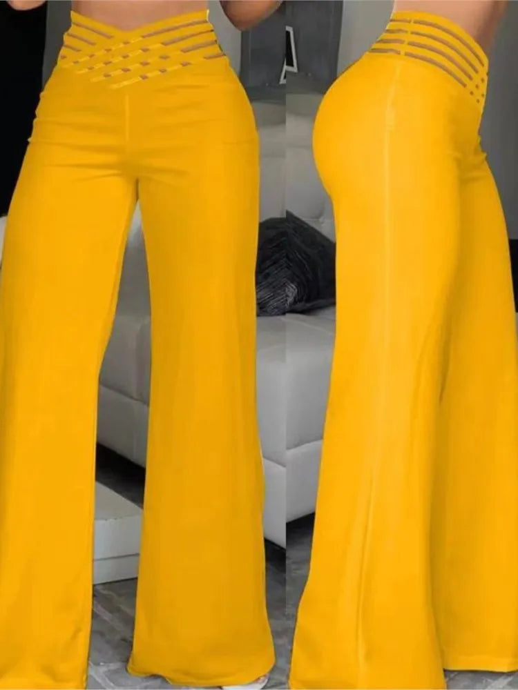 Wide Leg Flared Pants Crisscross Sheer Mesh Pants