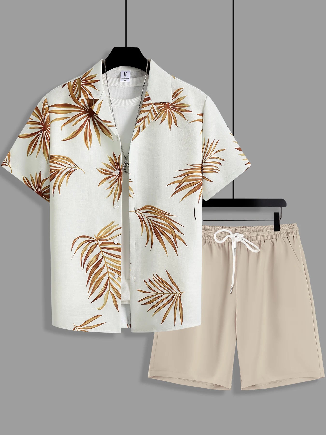 Men's Minimalist Vacation Set, Brown Palm Print Shirt & Drawstring Shorts for Casual Wear