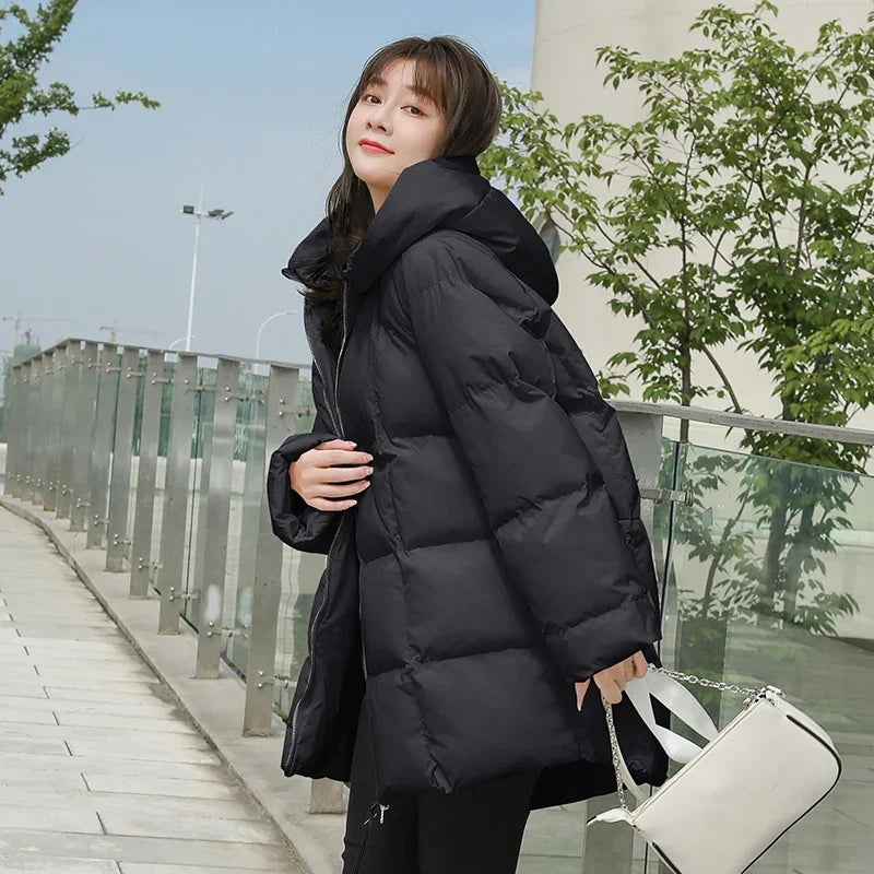 Puffer Jackets Women White Zipper Long Down Jacket