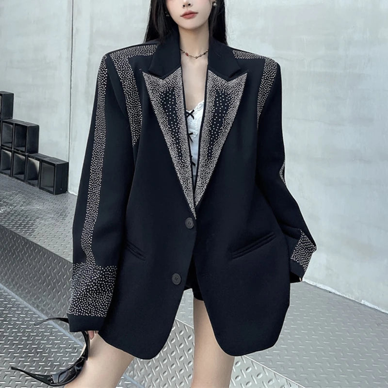 Women's BF Oversize Coats Loose Casual Single-Breasted Retro Beaded Jacket