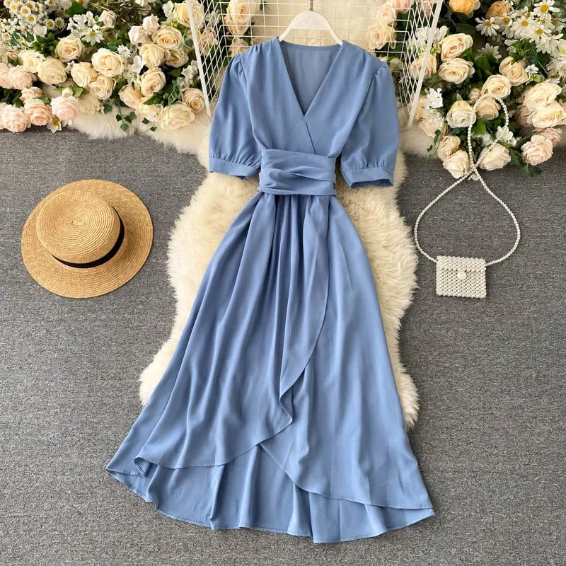 New Temperament V-neck Solid Color Bubble Short-sleeved Dress