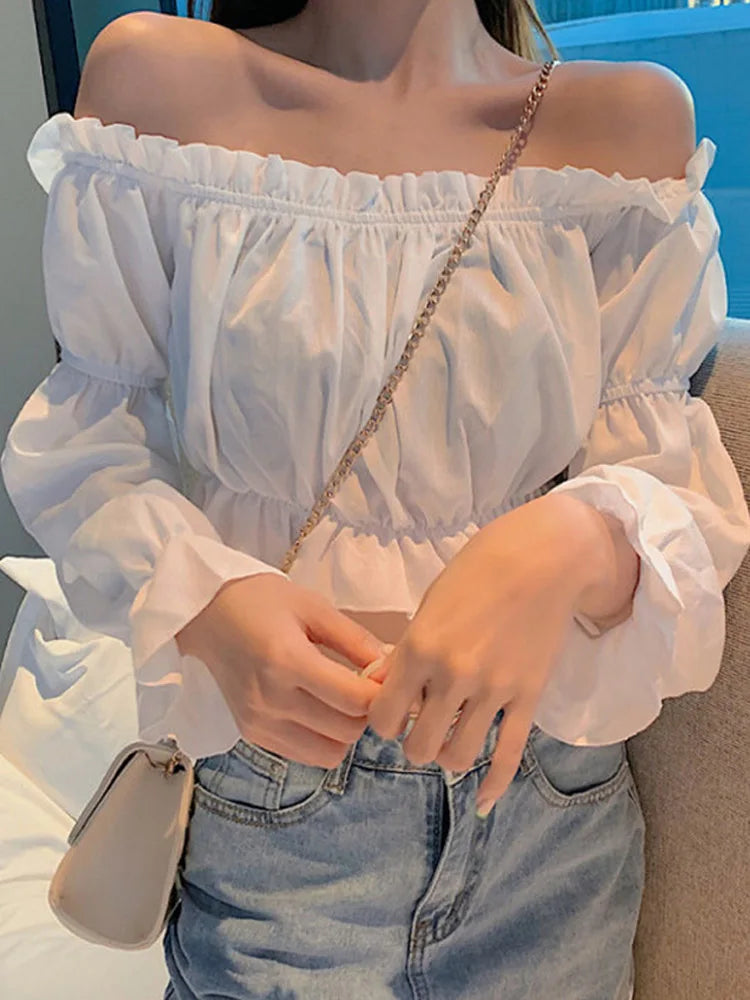 Women Top Sexy Blouse Off Shoulder Top  Puff Sleeve Ruffle Tunic Crop Top