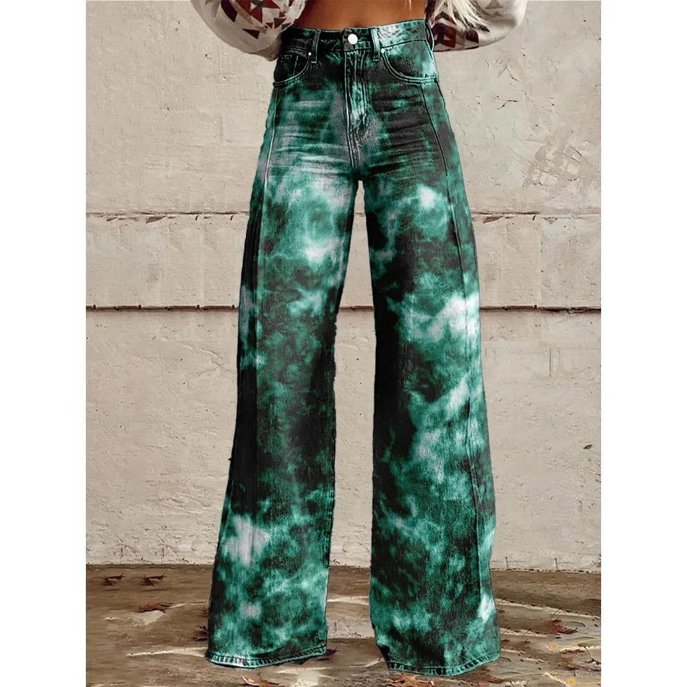 High Waisted Wide Leg Pants Artistic Ink Wash