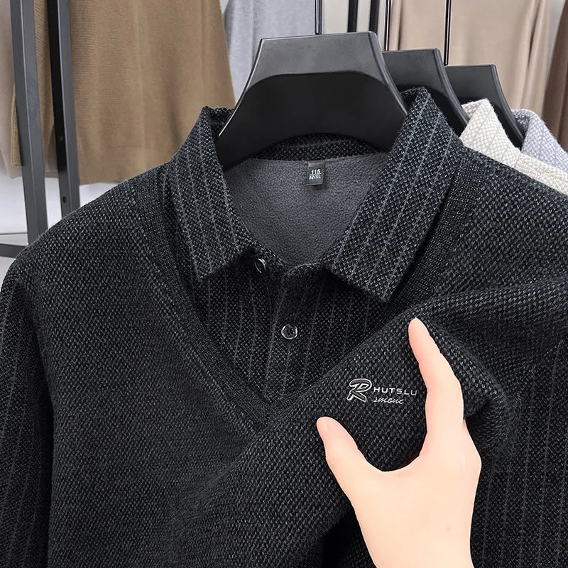 Men's Plush Wool-Lined Knitted Sweater Patchwork Striped Lapels