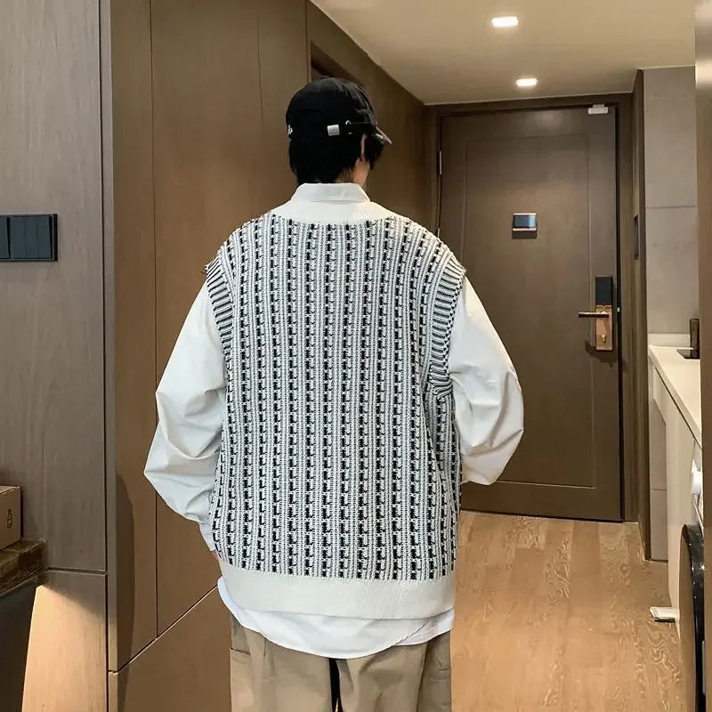 Knitwear Sweater Male  Knitted Vest Y2k Streetwear Style
