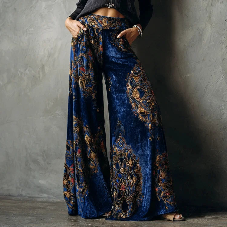 Women's Wide Leg Retro Ethnic Print Velvet Trousers