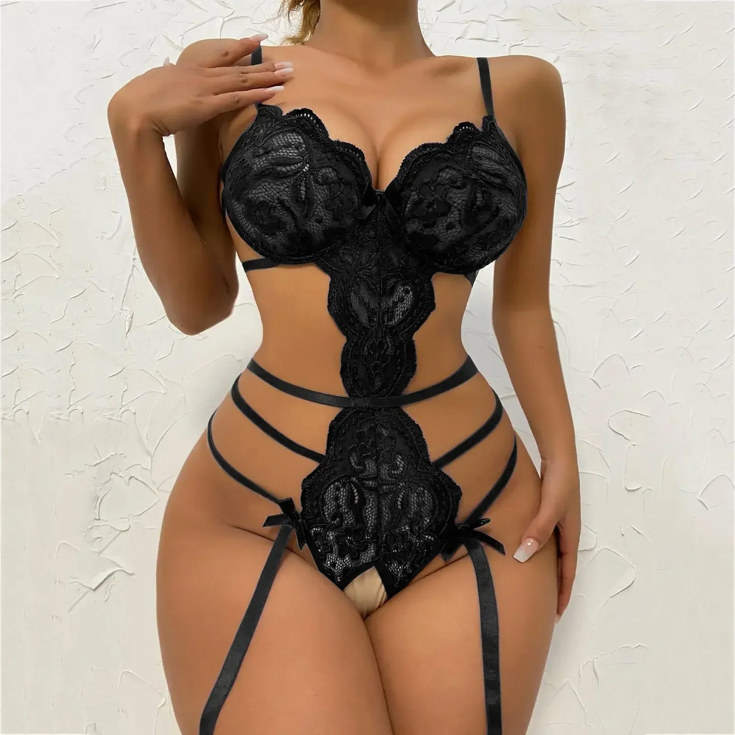 Women's Sexy Lace Lingerie Set Teddy Lace Erotic Bikini 3pcs Bra and Panty