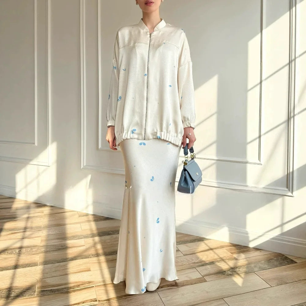 Women Eid Musulman Muslim Sets Solid Blouses Wide Leg Skirts Two Pieces Set