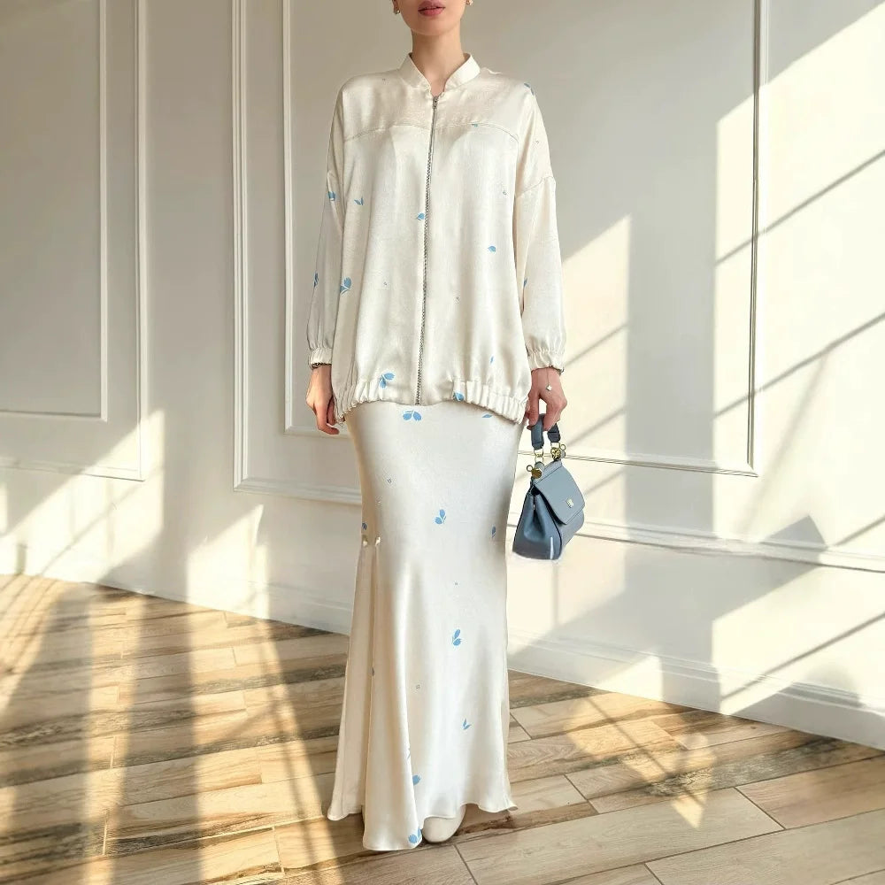 Women Eid Musulman Muslim Sets Solid Blouses Wide Leg Skirts Two Pieces Set