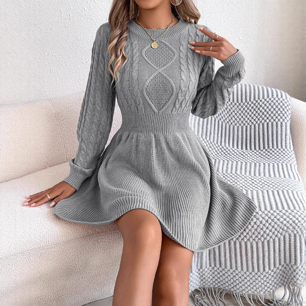Solid Color Twisted Waist Lantern Sleeve Long Sleeve Wool Dress