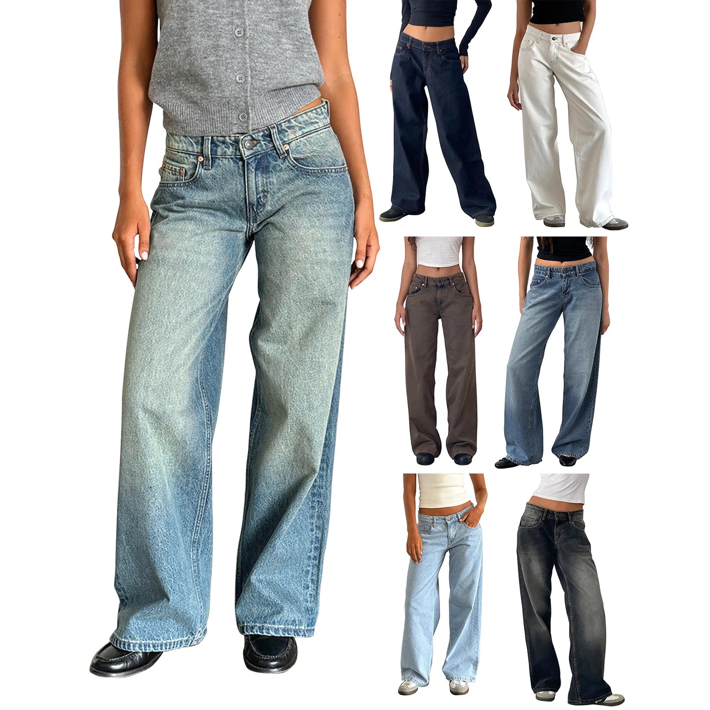 Women's versatile jeans, aesthetic solid color low rise