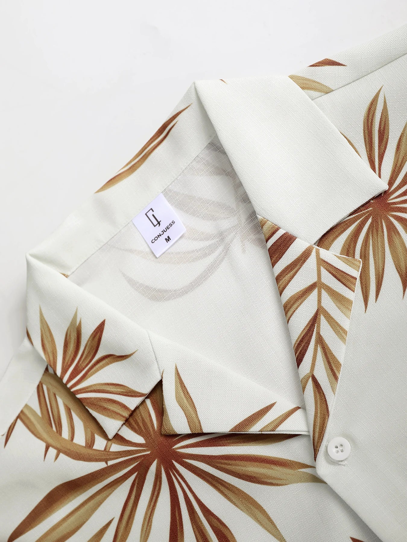 Men's Minimalist Vacation Set, Brown Palm Print Shirt & Drawstring Shorts for Casual Wear