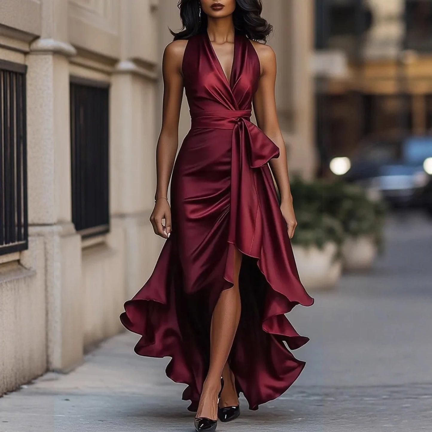 Women's Deep V-Neck Ruffled Evening Gowns