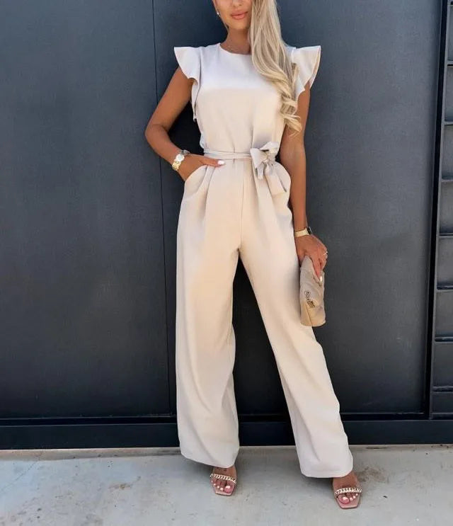 Jumpsuit with lace up high waist  ruffle edge sleeves dating jumpsuit