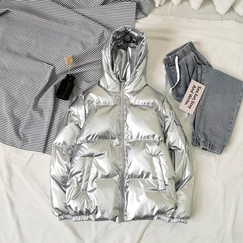 Bright Silver Puffer Jackets Casual Hooded Cotton Wadded Heated Jacket