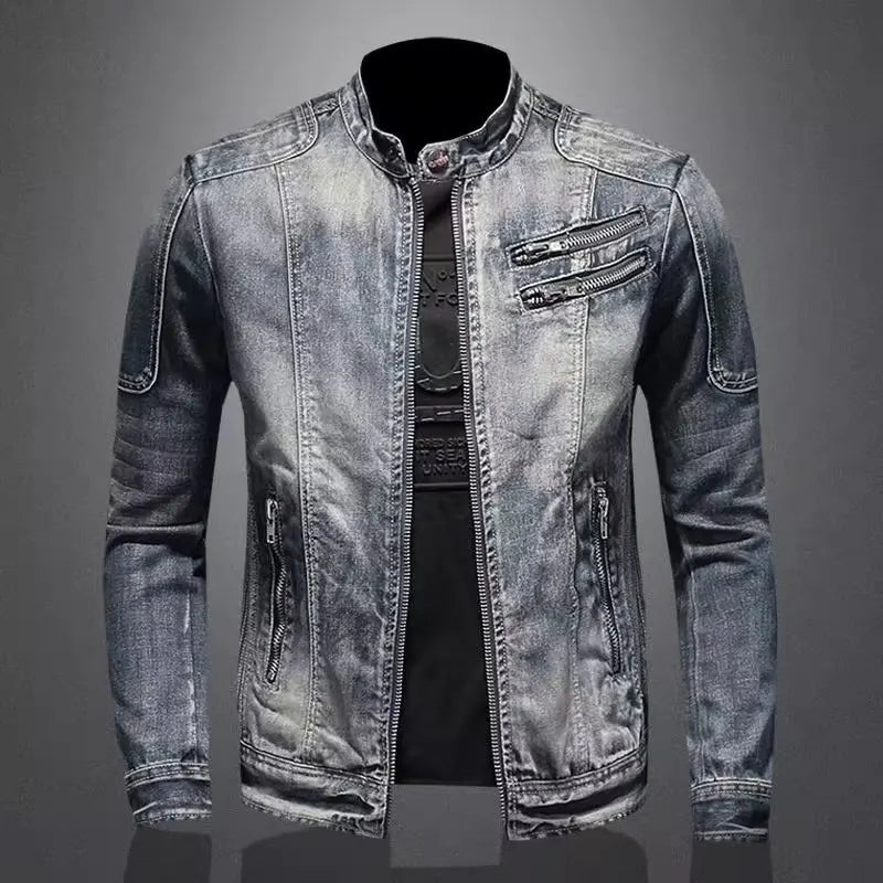 Denim Jackets Men Casual Stand Collar Moto Biker Outerwear