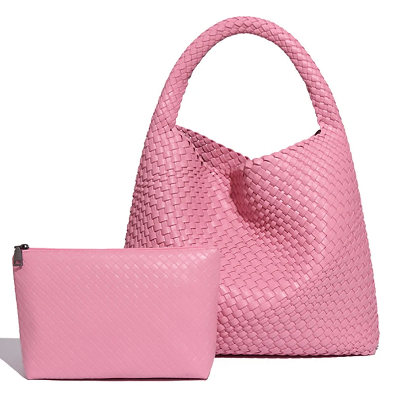 Large Woven Handbag Soft Leather Shoulder Bag Work Shopper Bag with Purse