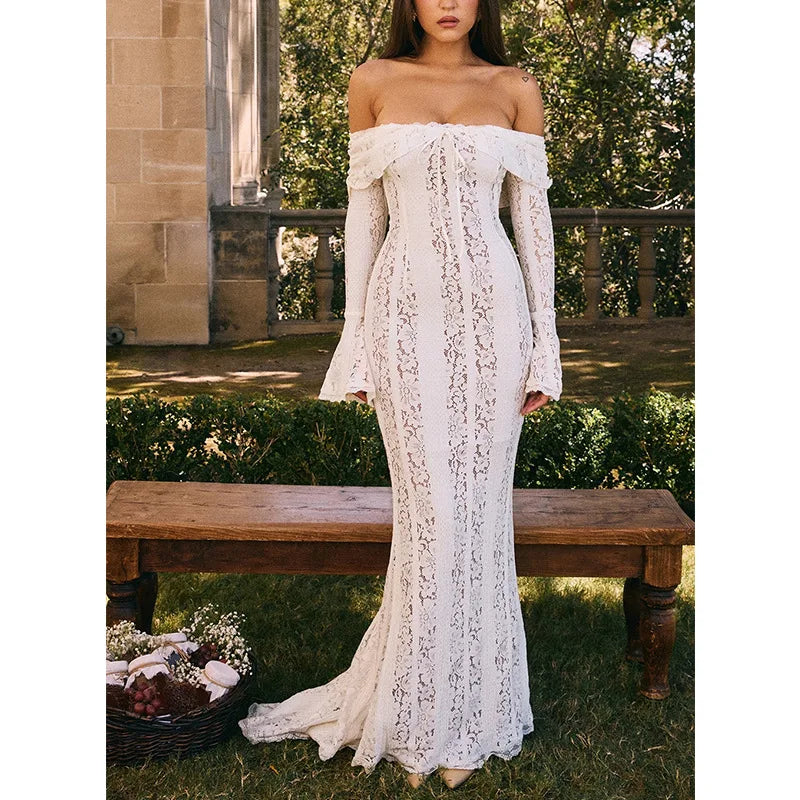 Sexy One-word Shoulder Lace Temperament Tube Top Long Dress