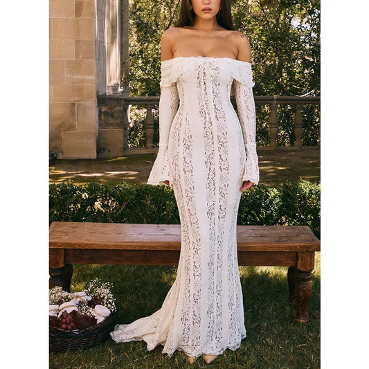 Sexy One-word Shoulder Lace Temperament Tube Top Long Dress