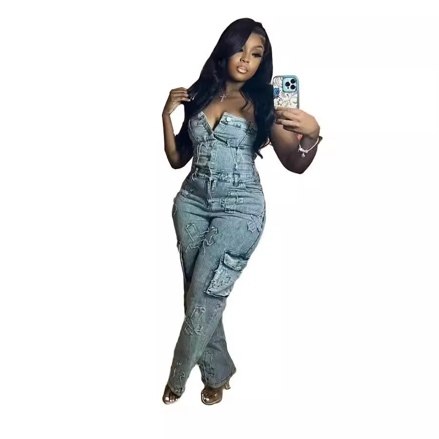 Women's Jumpsuit Tube Top Embroidered  Cross Tube Top Stretch Pants