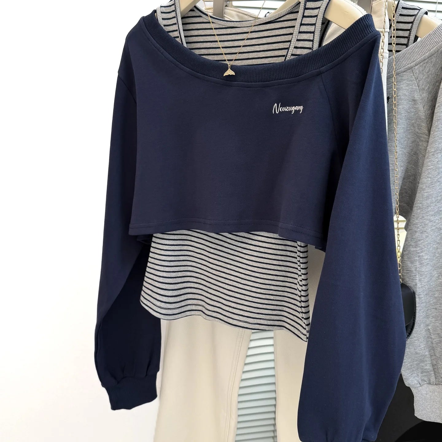 Womens Striped Sweatshirt Floral Gray Sloping Shoulder